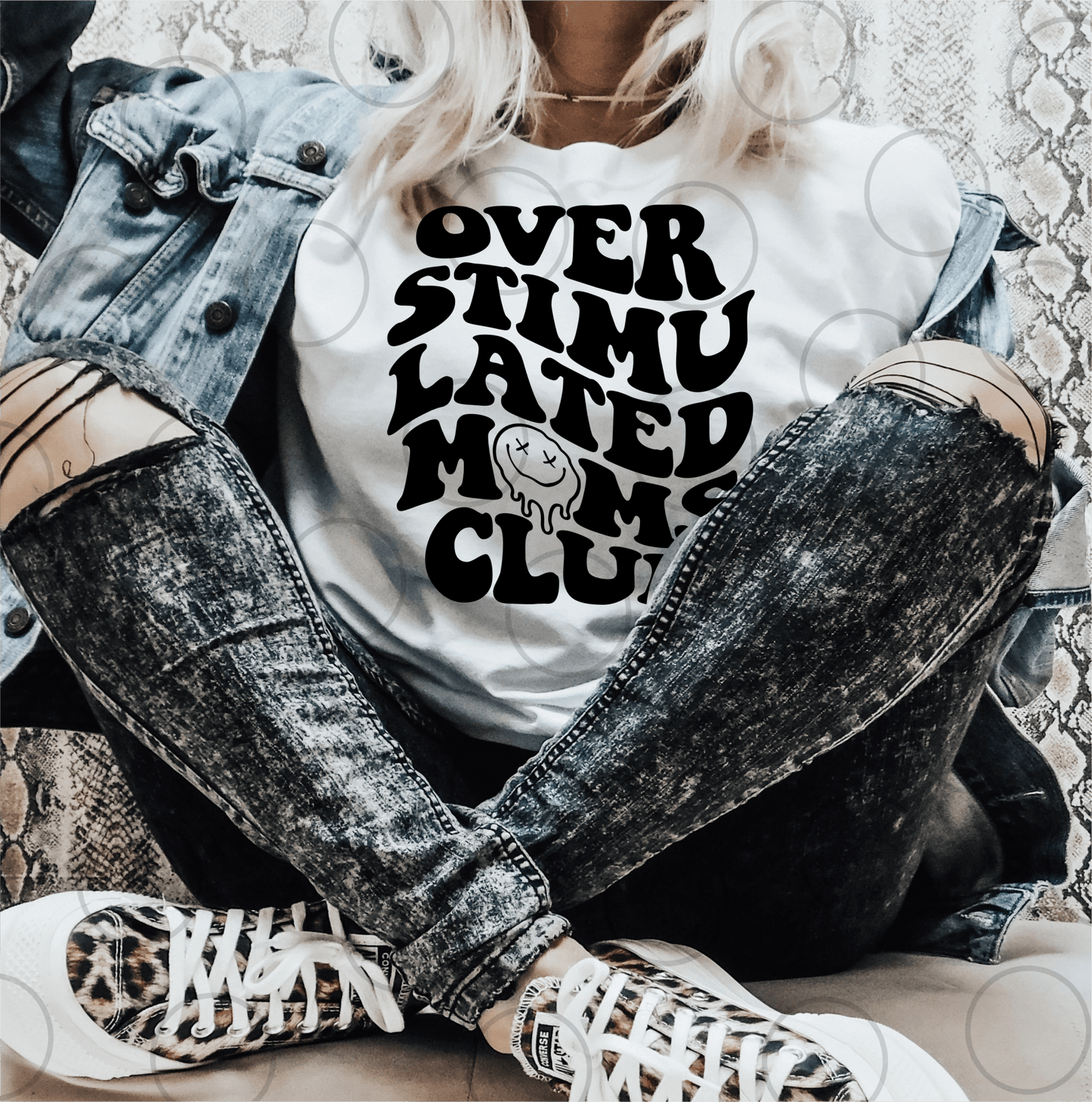 Over stimulated MOMS CLUB smiley face SINGLE COLOR BLACK size ADULT DTF TRANSFERPRINT TO ORDER - Do it yourself Transfers