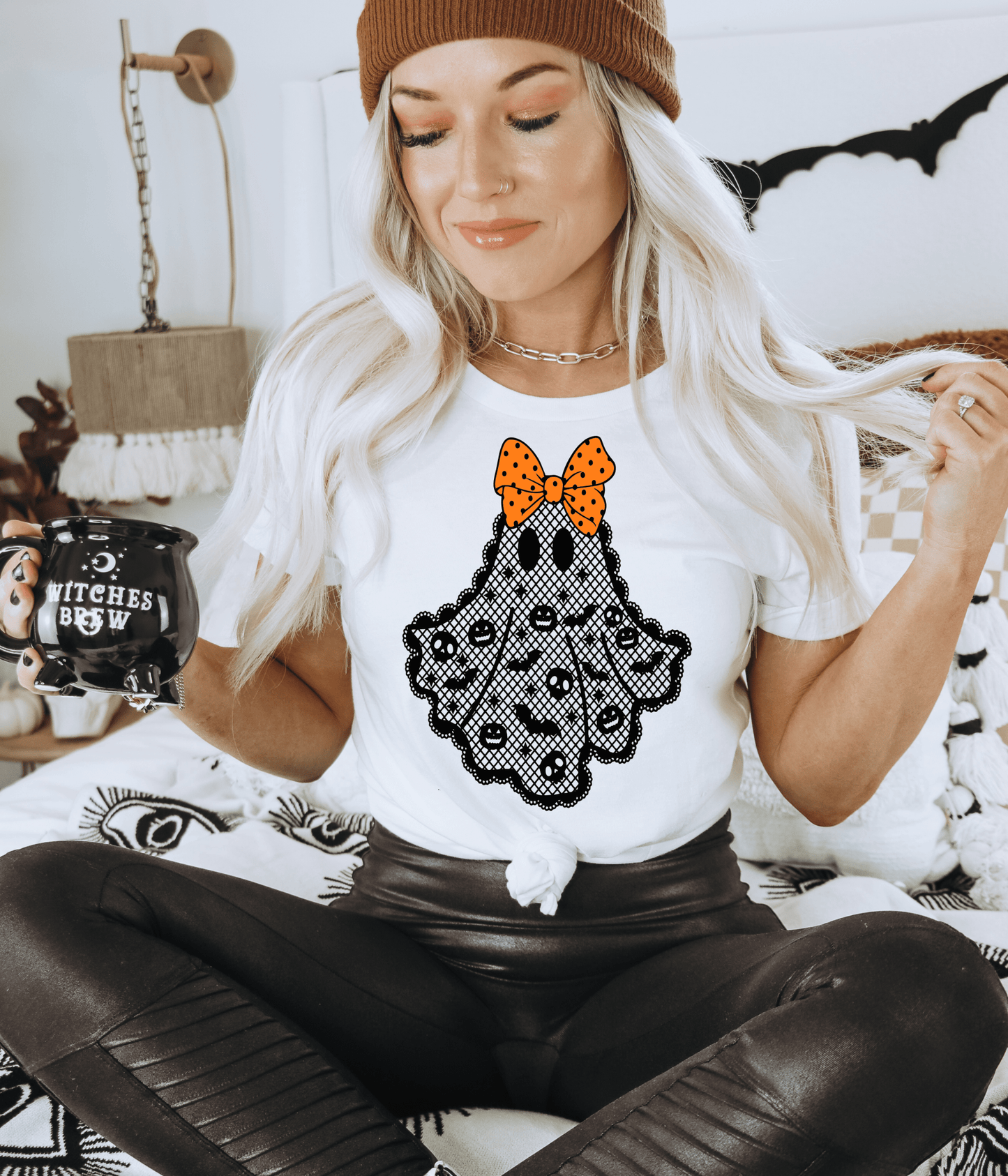 RTS Halloween ghost lace orange bow SCREEN PRINT transfer ADULT 9X12 - Do it yourself Transfers
