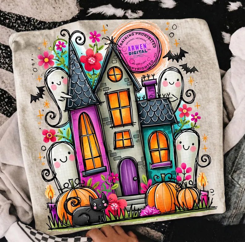 RTS TRENDY HAUNTED HOUSE DTF DIRECT TO FILM transfers ADULT 10X11.5 - Do it yourself Transfers