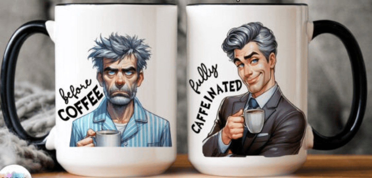 TRANSFER TUESDAY BEFORE COFFEE FULLY CAFFEINATED GREY HAIR MAN BUSINESS MAN SUIT UV DTF - Do it yourself Transfers