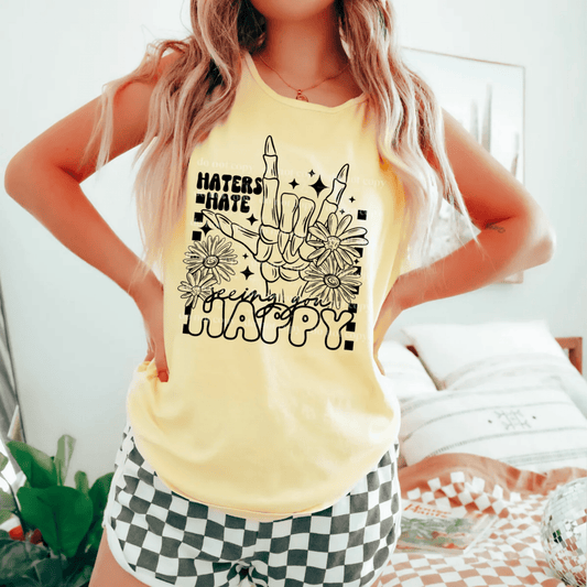 7 - L RTS Haters hate seeing you happy flowers SINGLE COLOR BLACK Screen Print transfers size ADULT 10x12 - Do it yourself Transfers