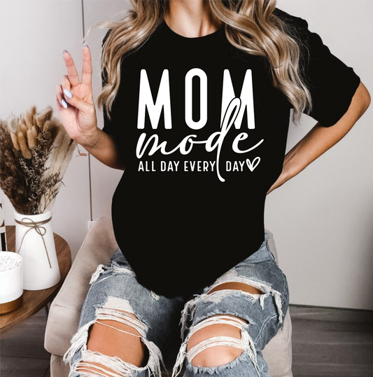 RTS MOM MODE all day every day heart SINGLE COLOR WHITE Screen Print transfers size ADULT 11X12
