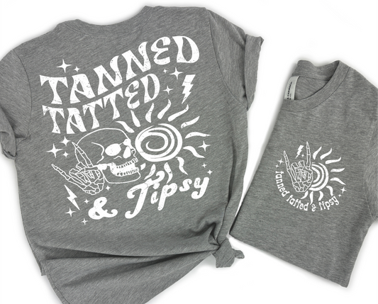 RTS Tanned and tatted & tipsy SINGLE COLOR WHITE Screen Print transfers size ADULT FRONT 4X5 BACK  10X12