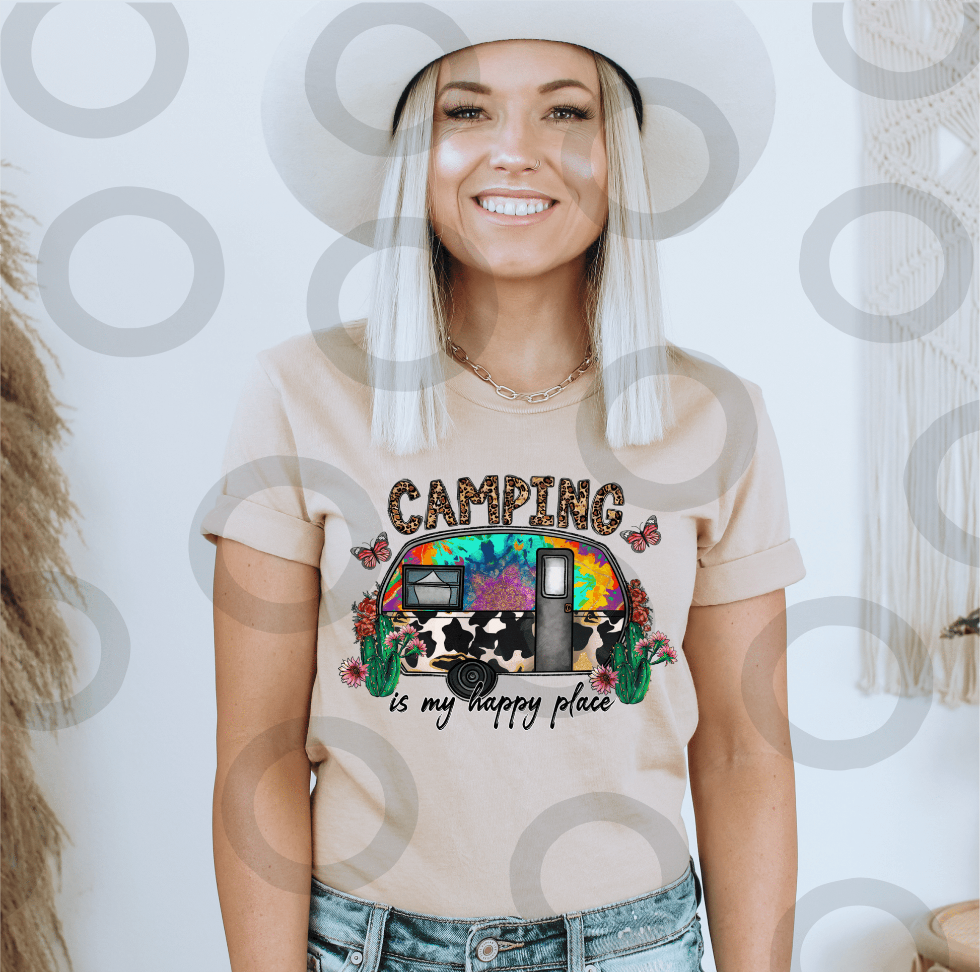 Camping is my Happy place camper vacation traveling size ADULT DTF TRANSFERPRINT TO ORDER - Do it yourself Transfers