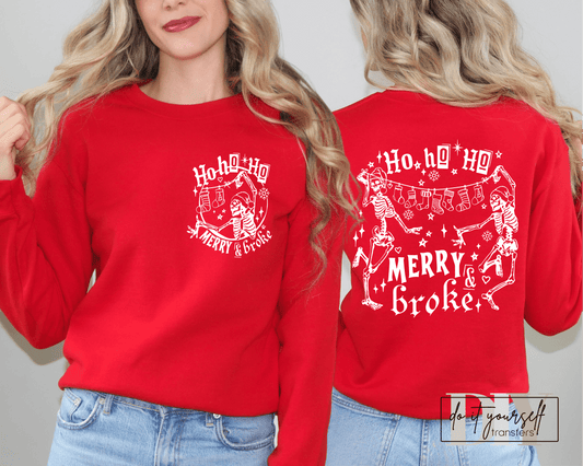 HO HO HO Merry & Broke skulls dancing stockings Christmas SINGLE COLOR WHITE size ADULT FRONT 5X4 BACK DTF TRANSFERPRINT TO ORDER - Do it yourself Transfers