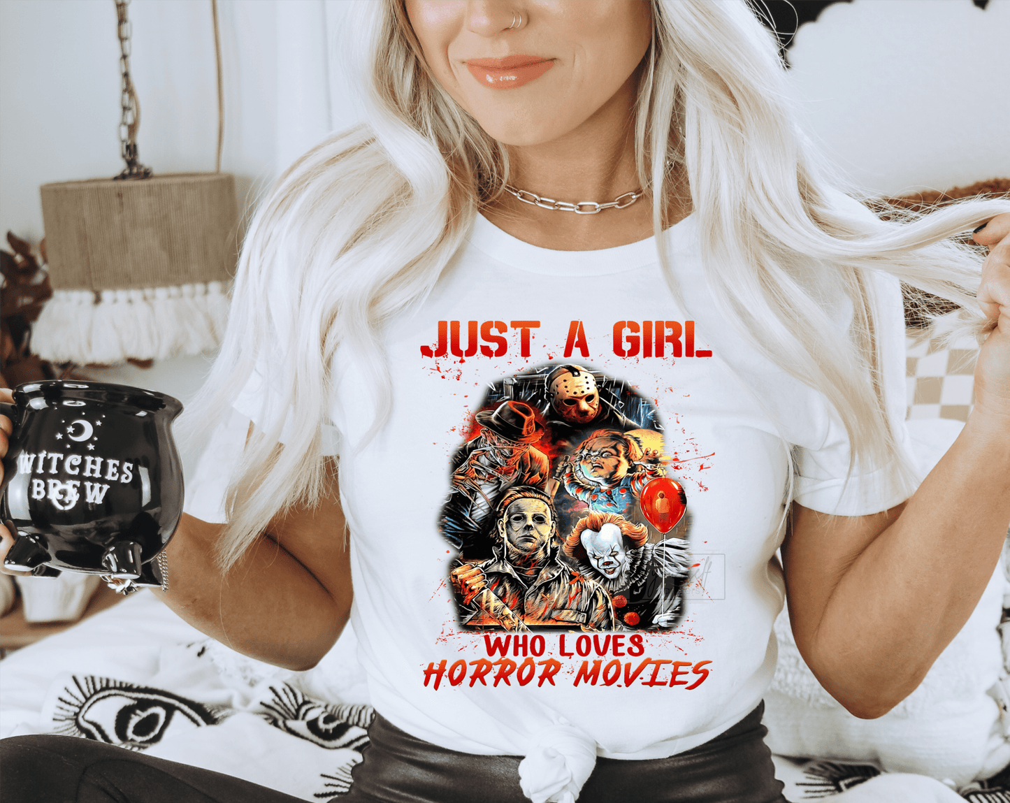 Just a Girl who loves Horror Movies Halloween size DTF TRANSFERPRINT TO ORDER - Do it yourself Transfers