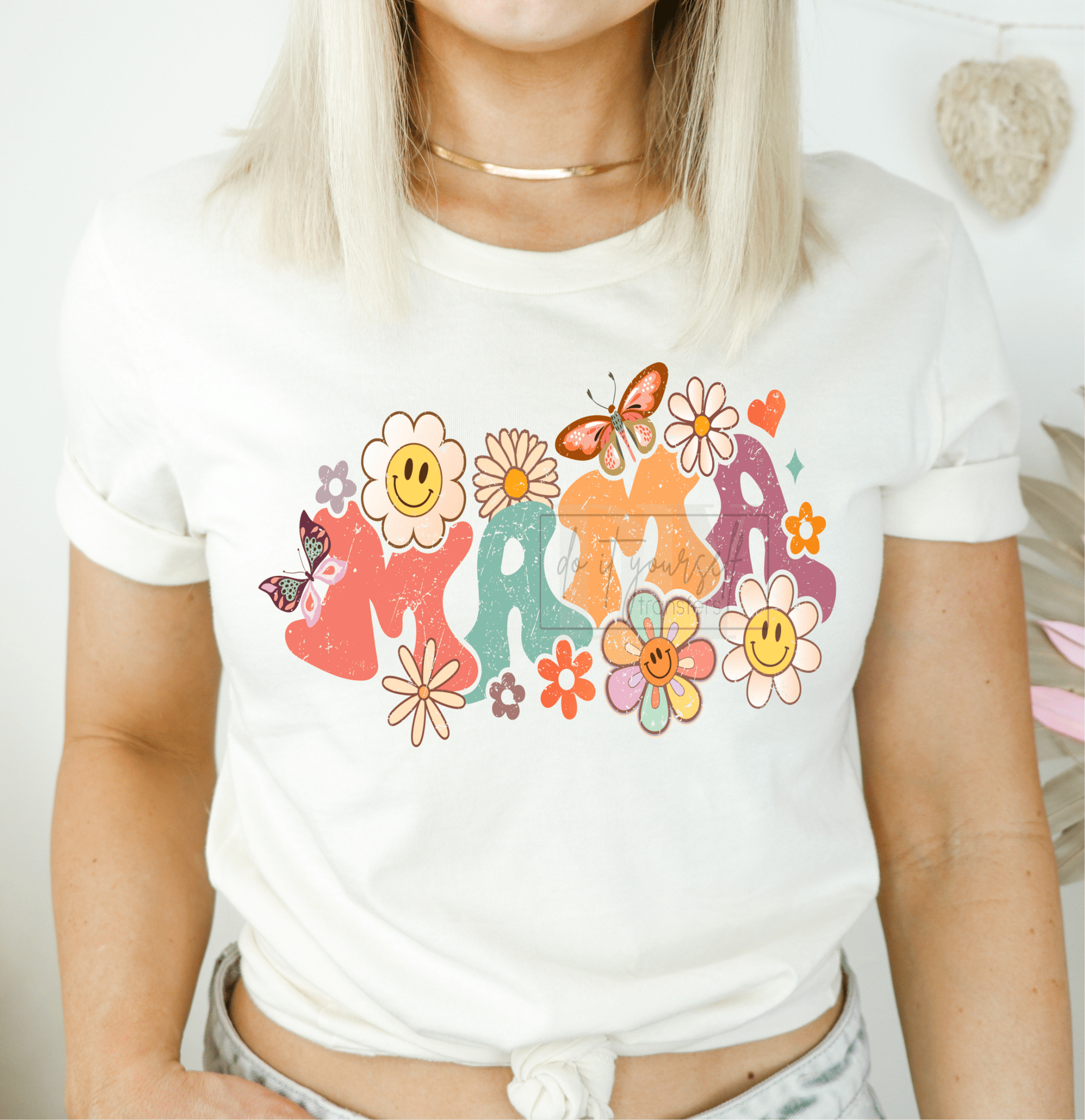 MAMA smiley face flowers butterflies vintage retro ADULT DTF TRANSFERPRINT TO ORDER - Do it yourself Transfers