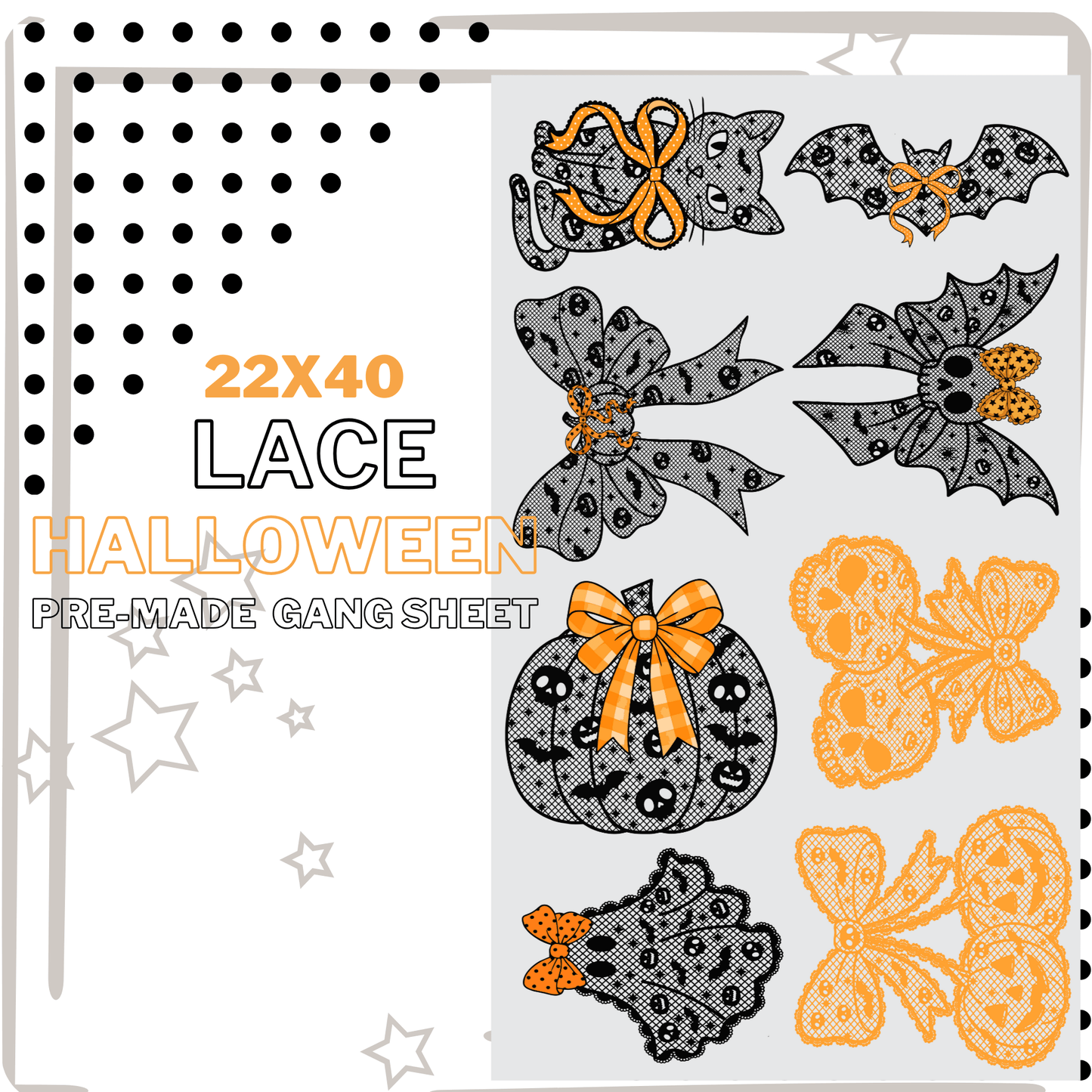 PRE - MADE LACE HALLOWEEN BATS CAT CHERRIES PUMPKIN GANG SHEET DTF DIRECT TO FILM transfers size 22x20 - Do it yourself Transfers