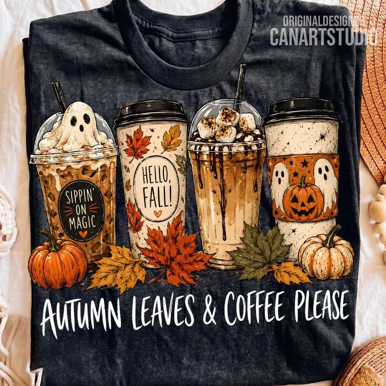RTS AUTUMN LEAVES & COFFEE PLEASE DTF DIRECT TO FILM transfers ADULT 10X11.5 - Do it yourself Transfers