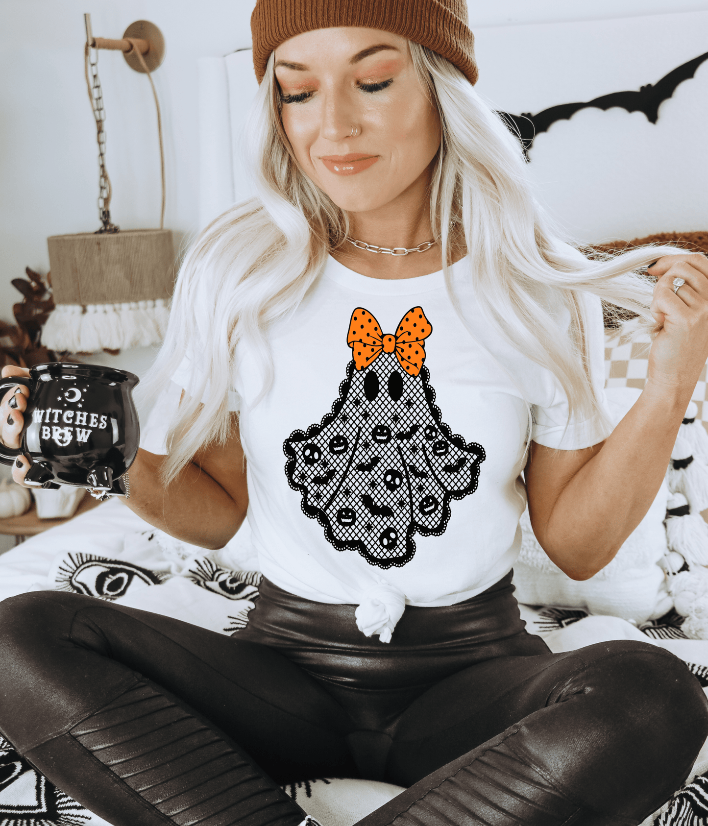 RTS Halloween ghost lace orange bow SCREEN PRINT transfer ADULT 9X12 - Do it yourself Transfers