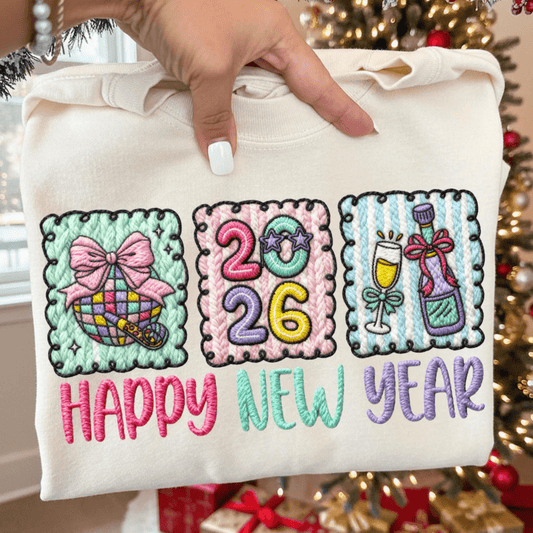 RTS HAPPY NEW YEAR 2026 YARN FAUX DTF DIRECT TO FILM transfers ADULT 9X12 - Do it yourself Transfers