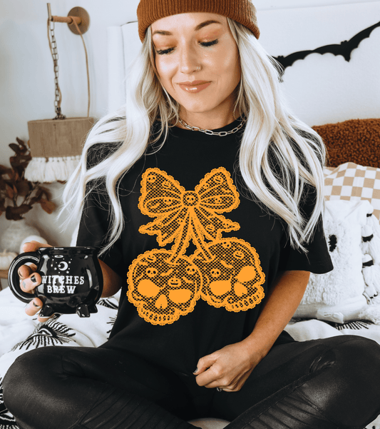 RTS SKULLIE CHERRIES HALLOWEEN LACE BOW ORANGE SCREEN PRINT transfer ADULT 10X12 - Do it yourself Transfers