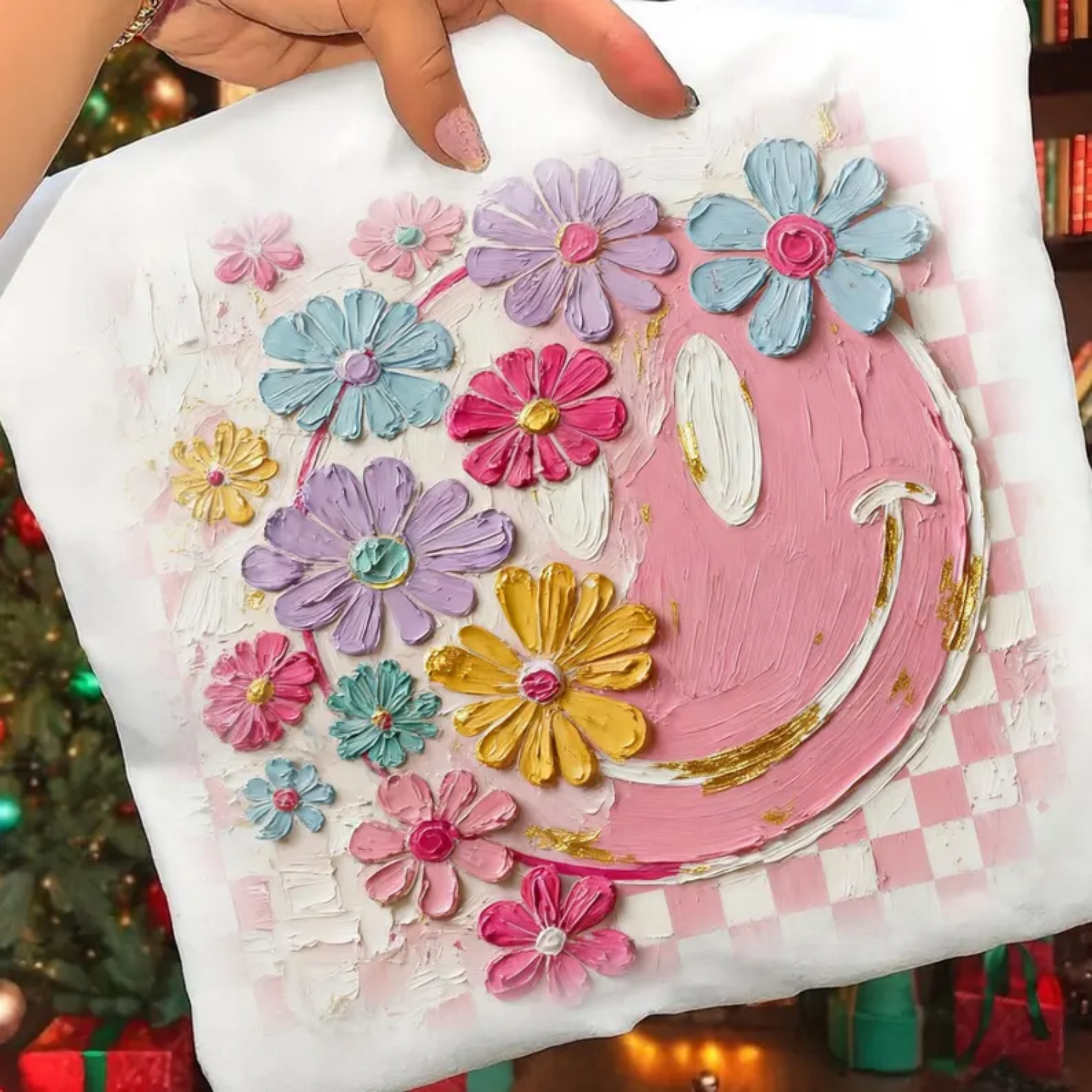 RTS SMILE FACE FLOWERS CHECKER GOLD DTF DIRECT TO FILM transfers ADULT 10X11.5 - Do it yourself Transfers