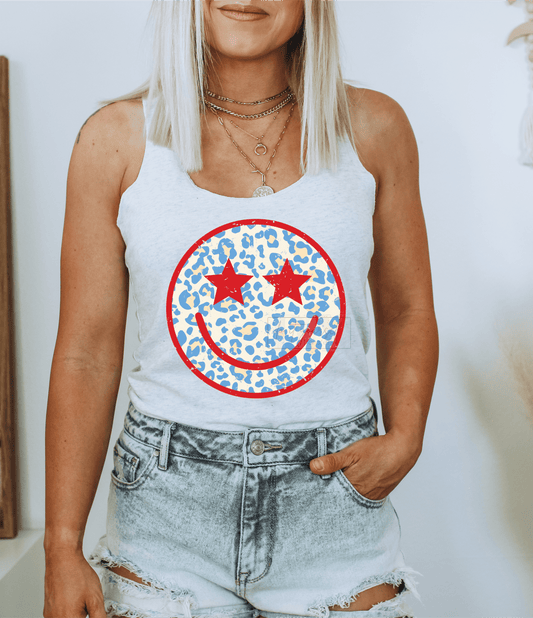 Smiley Face Stars Blue red leopard size ADULT 10x10 DTF TRANSFERPRINT TO ORDER - Do it yourself Transfers