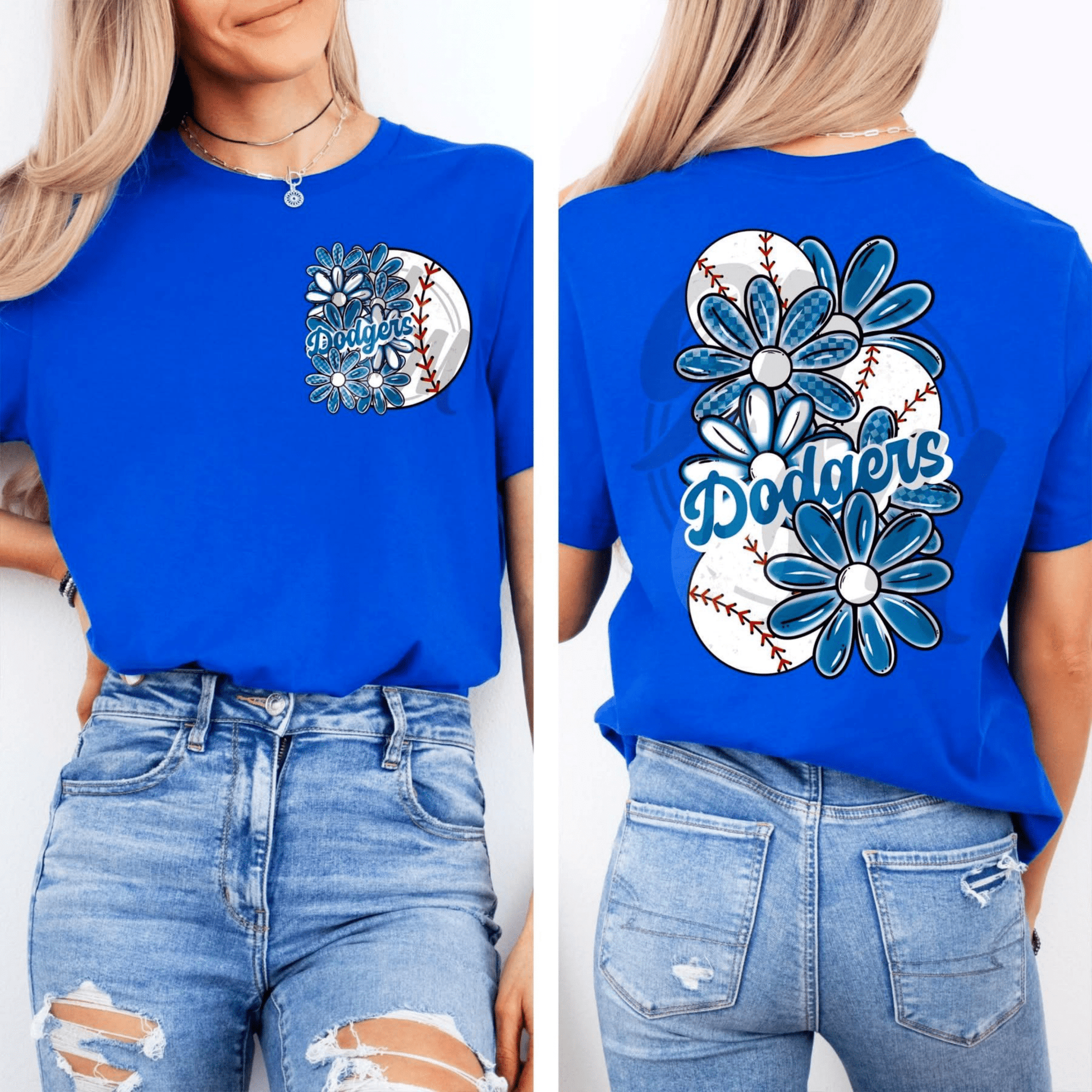 TRANSFER TUESDAY DODGERS BLUE WHITE FLOWERS BASEBALL DTF DIRECT TO FILM transfers size ADULT 9X12 POCKET - Do it yourself Transfers