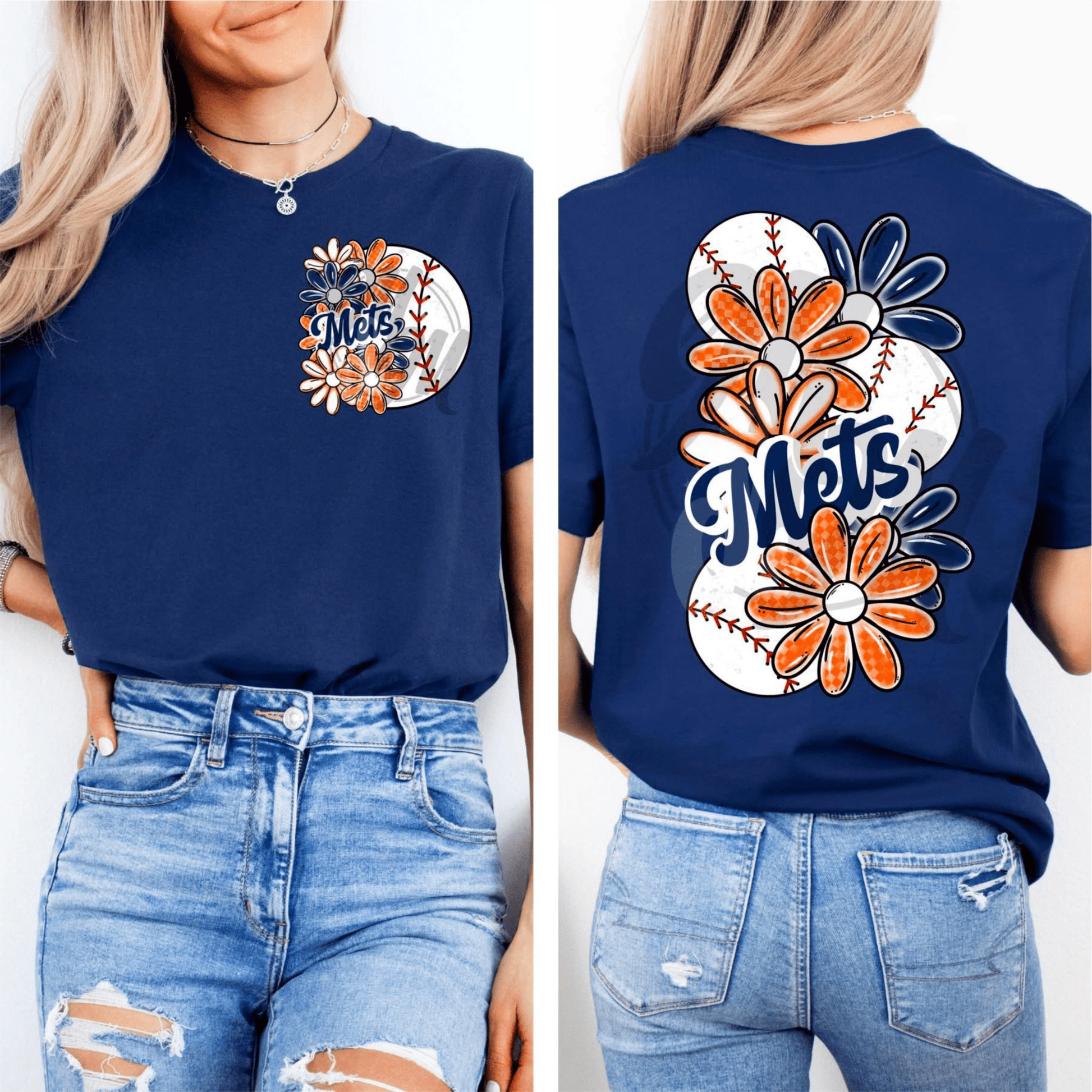 TRANSFER TUESDAY M E T S FLOWERS NAVY ORANGE FLOWERS DTF DIRECT TO FILM transfers size ADULT 9X12 POCKET - Do it yourself Transfers
