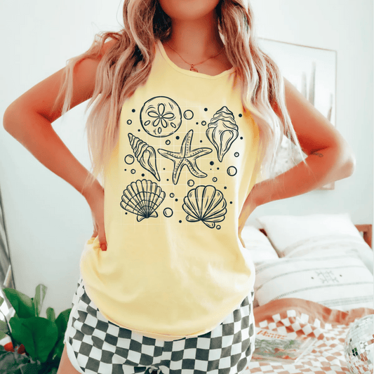 TRANSFER TUESDAY SEASHELL BEACH SAND SINGLE COLOR BLACK Screen Print transfers size ADULT 11X12 - Do it yourself Transfers