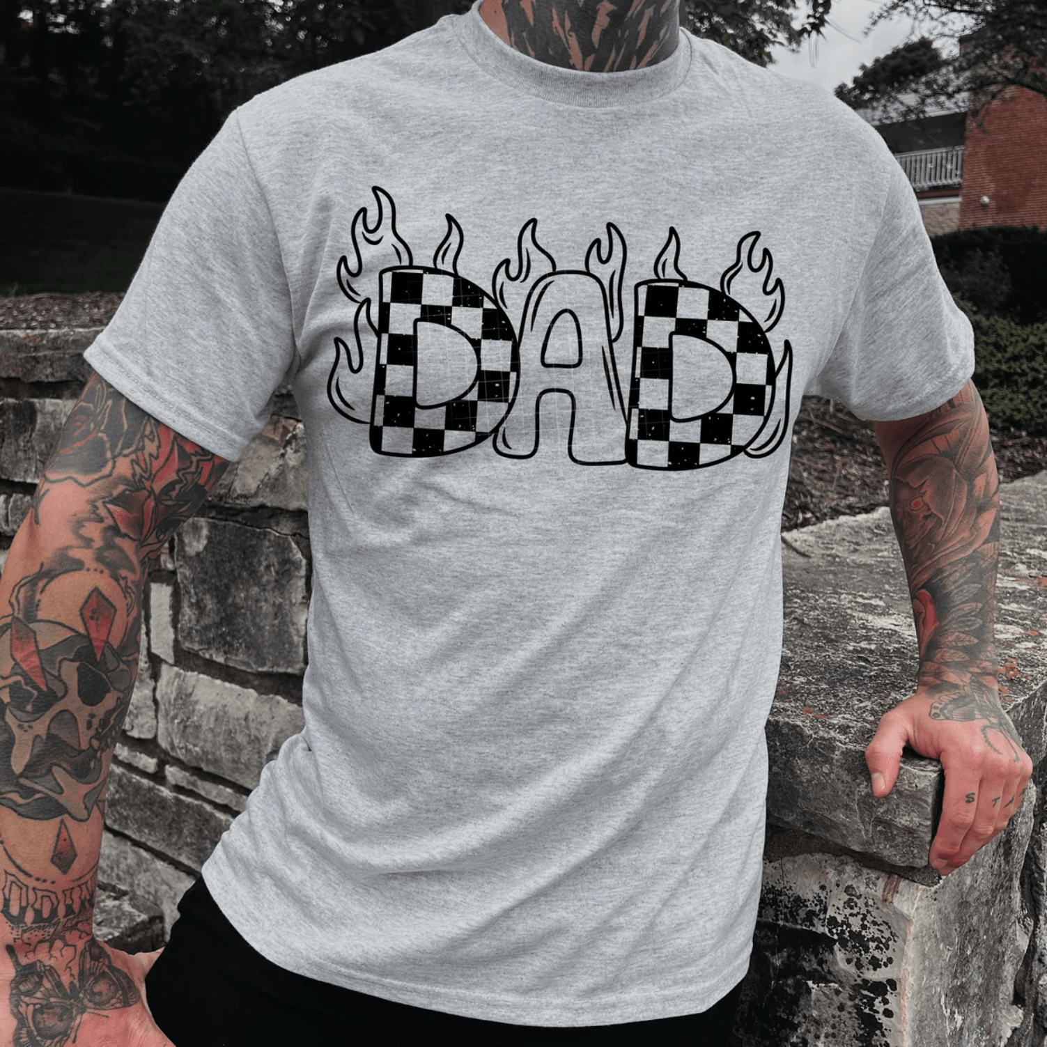 TRANSFER TUESDAY STARTS SHIPPING JAN 28TH DAD FLAME CHECKER SINGLE COLOR BLACK Screen Print transfers size ADULT 9X12.5 - Do it yourself Transfers
