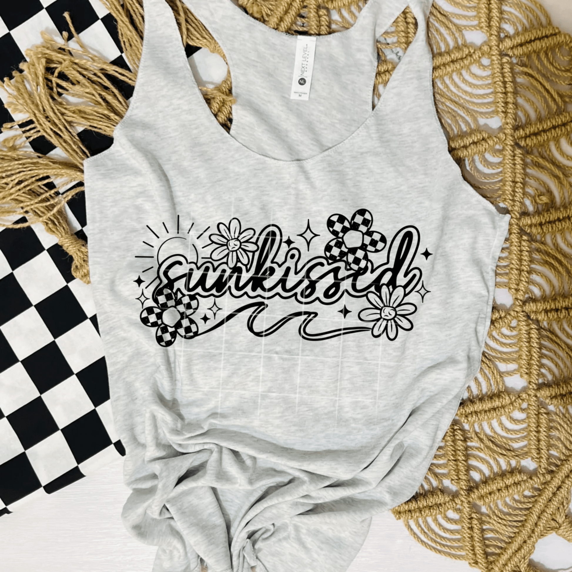 TRANSFER TUESDAY SUNKISSED SUN FLOWERS CHECKER SINGLE COLOR BLACK Screen Print transfers size ADULT 8X12 - Do it yourself Transfers